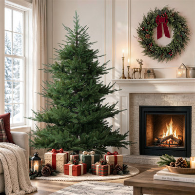 Sapin de Noël artificiel de 2,13 m (7 pi) non illuminé, sapin de Noël vert réaliste en polyéthylène avec support en métal robuste pour la décoration intérieure et extérieure.