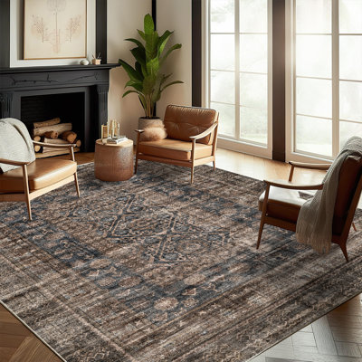 Tapis lavable 90 x 150 cm, style vintage traditionnel, pliable et mince, idéal pour la cuisine, l'intérieur, la chambre ou le salon. Effet vieilli, antidérapant et antidérapant. Motif floral.