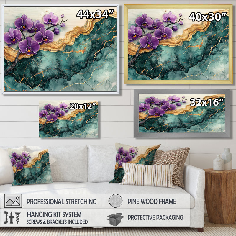 Lavande orchidées fleurs sur émeraude géode IV - art mural orchidée, H 12 po x l 20 po, Noir, noir, noir, noir