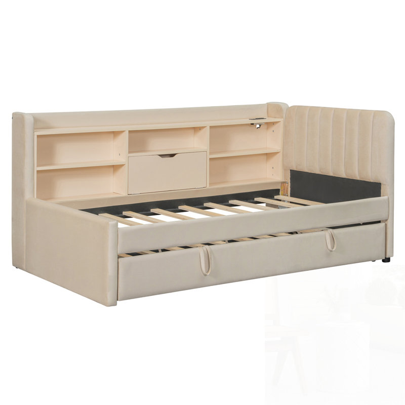 Twin Size Upholstered Daybed With Trundle, Beige