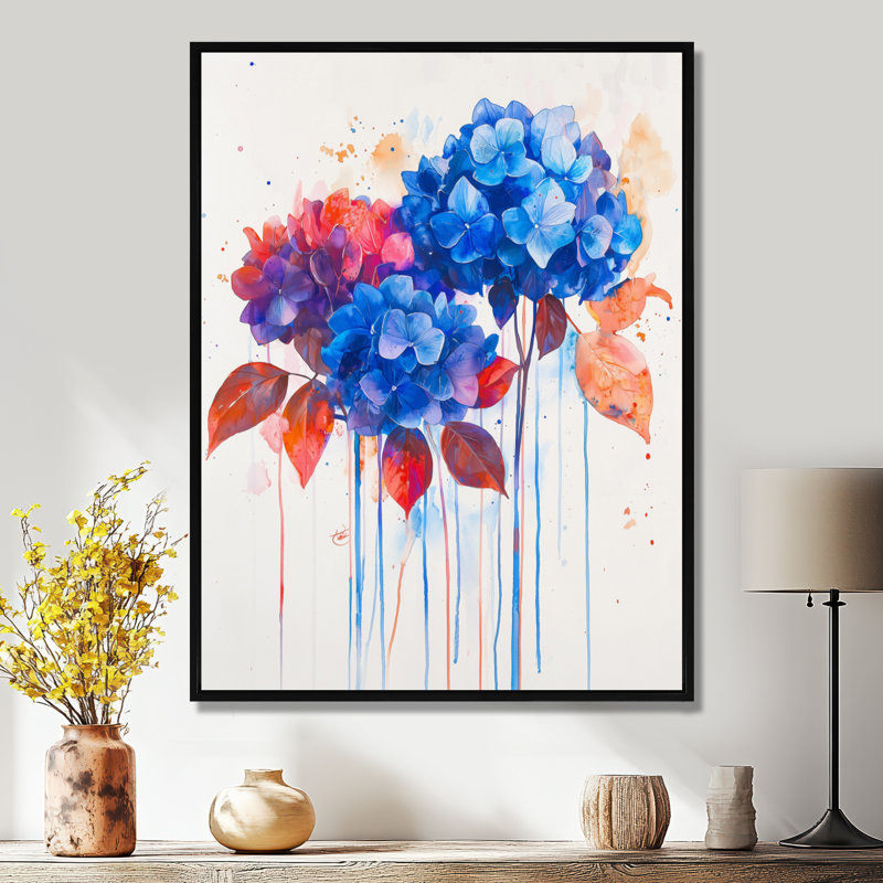 Hydrangées bleues et rouges dans un style graffiti, Hortensia III - hydrangées, art mural, Noir, H 44 po x l 34 po