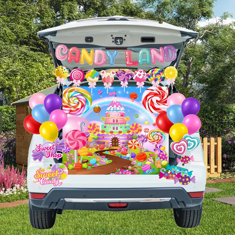 Trousse de décoration extérieure « Lollipop Trunk or Treat », bannière et ballons « Candyland Lollipop » pour arche de voiture, porte de garage, décoration de voiture