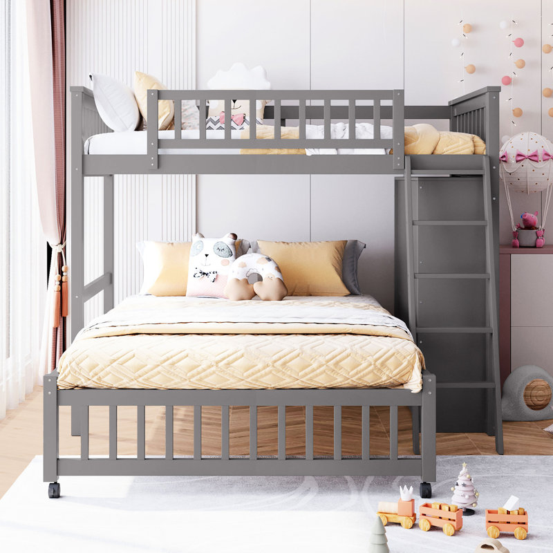 Lit superposé simple gris sur lit double avec 6 tiroirs et un lit en bois mobile dans six armoires, Lit simple, Gris