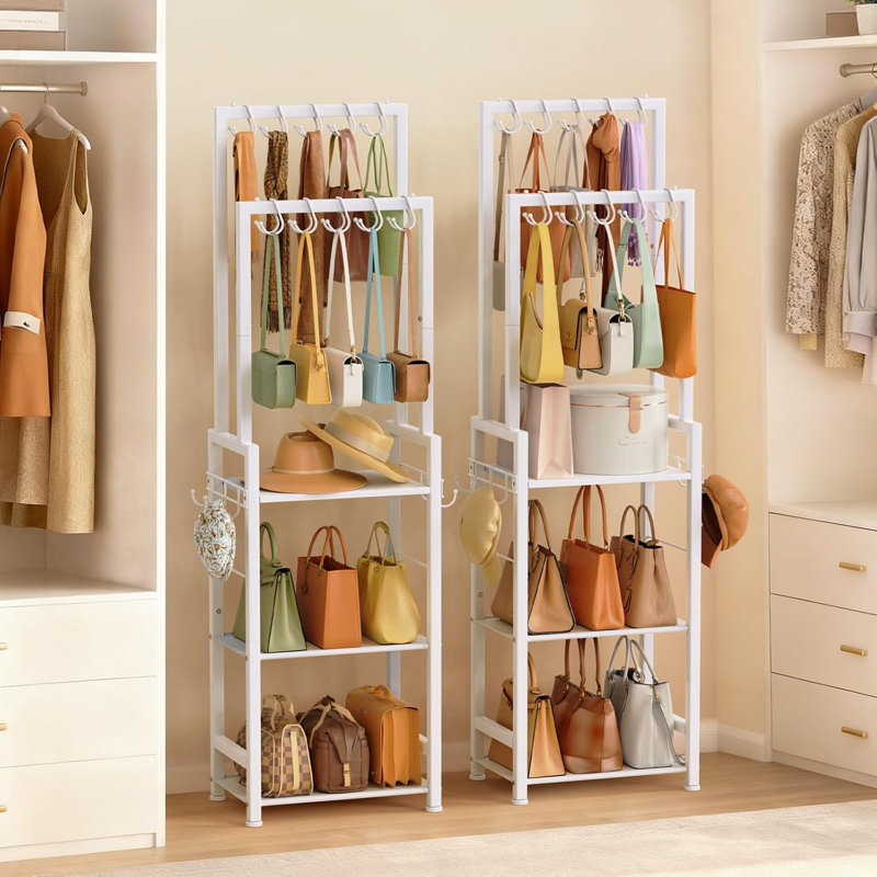 Grand organisateur de sac à main pour garde-robe avec 10 cintres, 6 crochets latéraux, support de rangement pour sac à main pour le rangement du sac à main, étroit, grande capacité