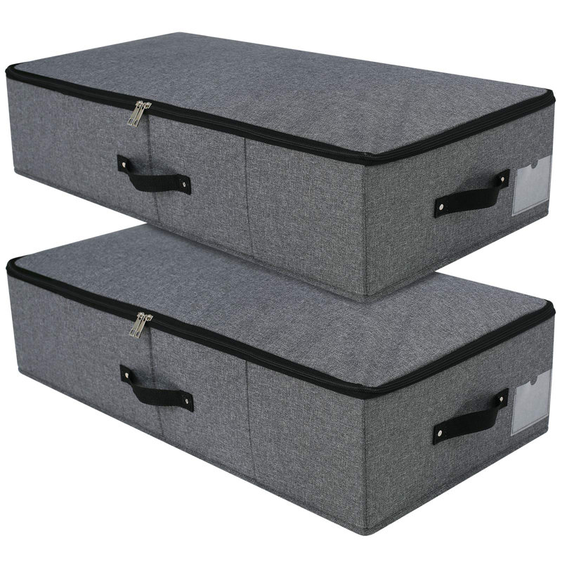 Boîte de rangement sous le lit 2PCS pliable avec doublure de support en plastique, poignées, couvercle à fermeture à glissière, couvertures, édredons, organisateur de bac de rangement pour chambre à coucher et placard, 29 x 15 x 7 pouces, noir gris