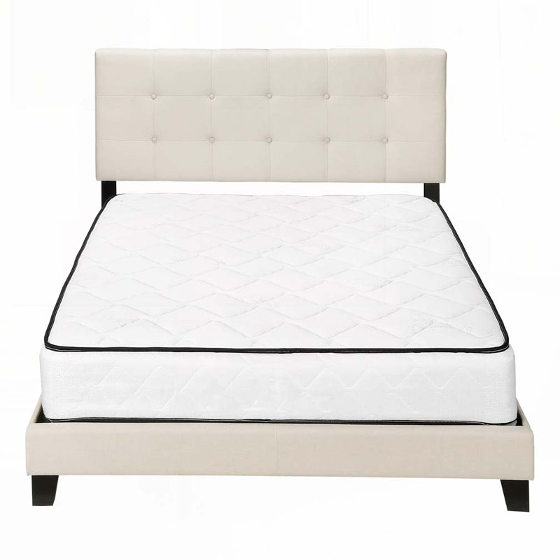 Lit plateforme en tissu d'ameublement, Beige, Lit double