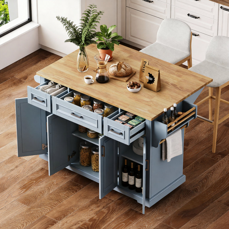 54.2-Inch Large Kitchen Island, Rubberwood Folding Countertop, Embossed Texture, 4-Wheel Movement, 4 Doors, 3 Drawers, Storage, Suitable For Kitchen And Dining Area, Gray-Blue.