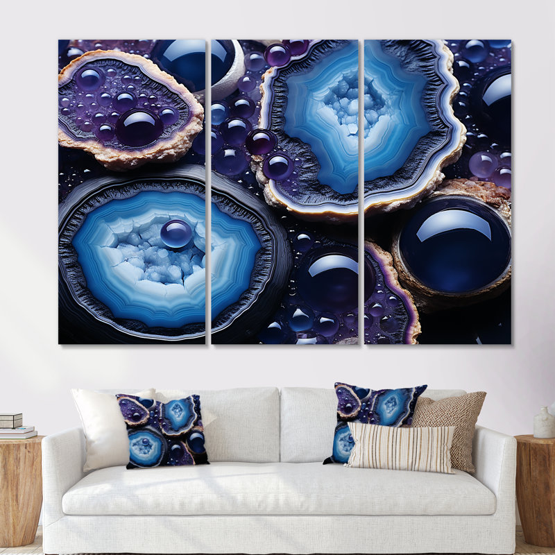 «Blue Stone Geode Volcano», art mural pierre géode, H 28 po x l 36 po x P 1 po, Toile tendue