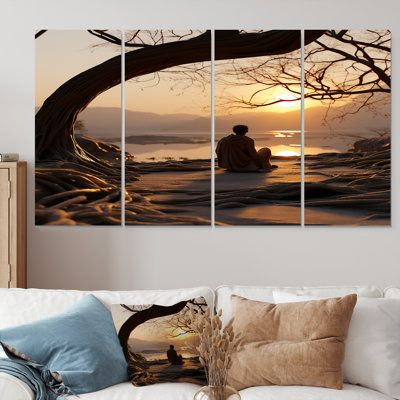 «Meditating By The Sunset River», art mural mural pour le paysage