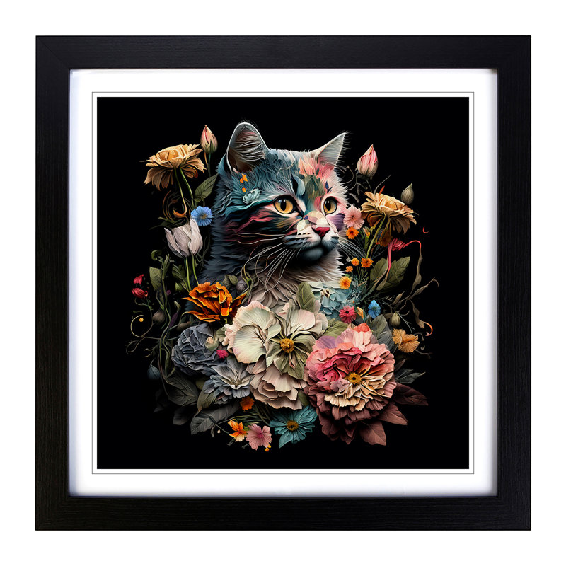Cat Floral Art No.1 - Single Picture Frame Print on Wood, Black