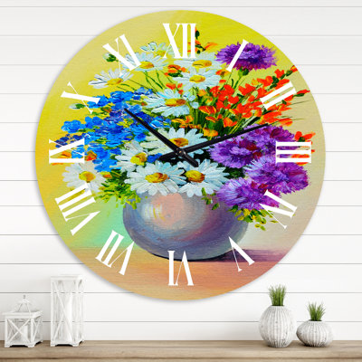 Nature morte avec un bouquet de fleurs bleues rouges et blanches - Horloge murale traditionnelle