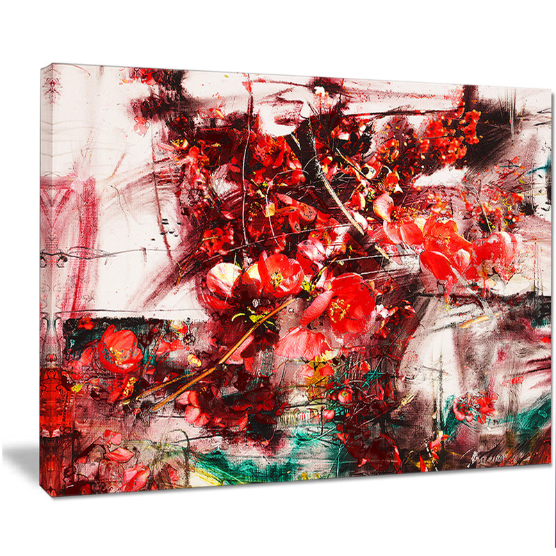Fleurs rouges sur fond abstrait - reproduction d'art sur toile tendue, H 30 po x l 40 po x P 1 po