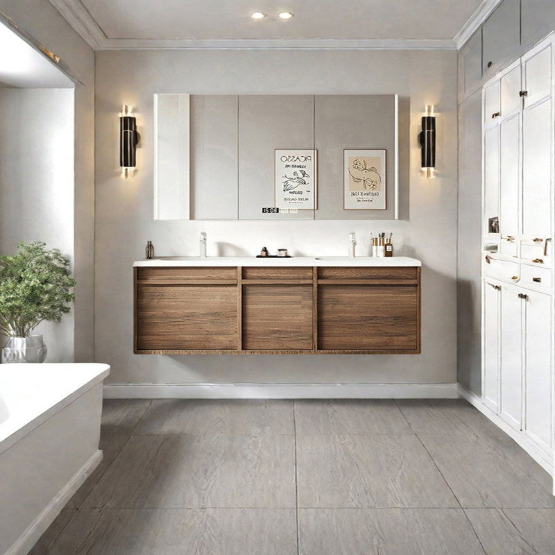 Armoire de salle de bain à double cuve de style moyen-ancien, Noyer, H 19,68 po x l 66,92 po x P 21,65 po