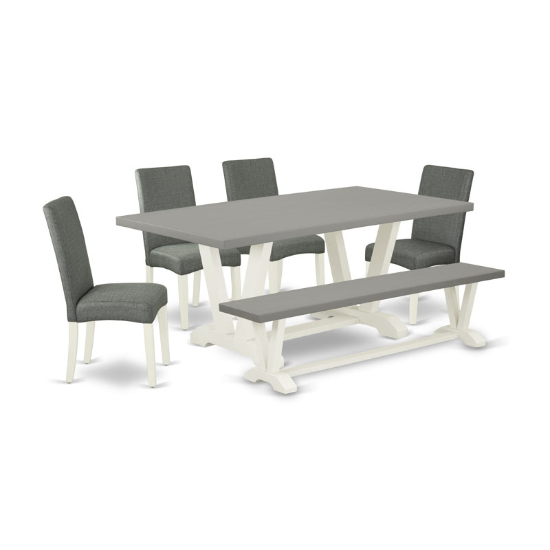 6-Pc Dining Room Set – 4 Grey Dining Chairs, a Modern Bench, and a Cement Dining Room Table - Linen White 