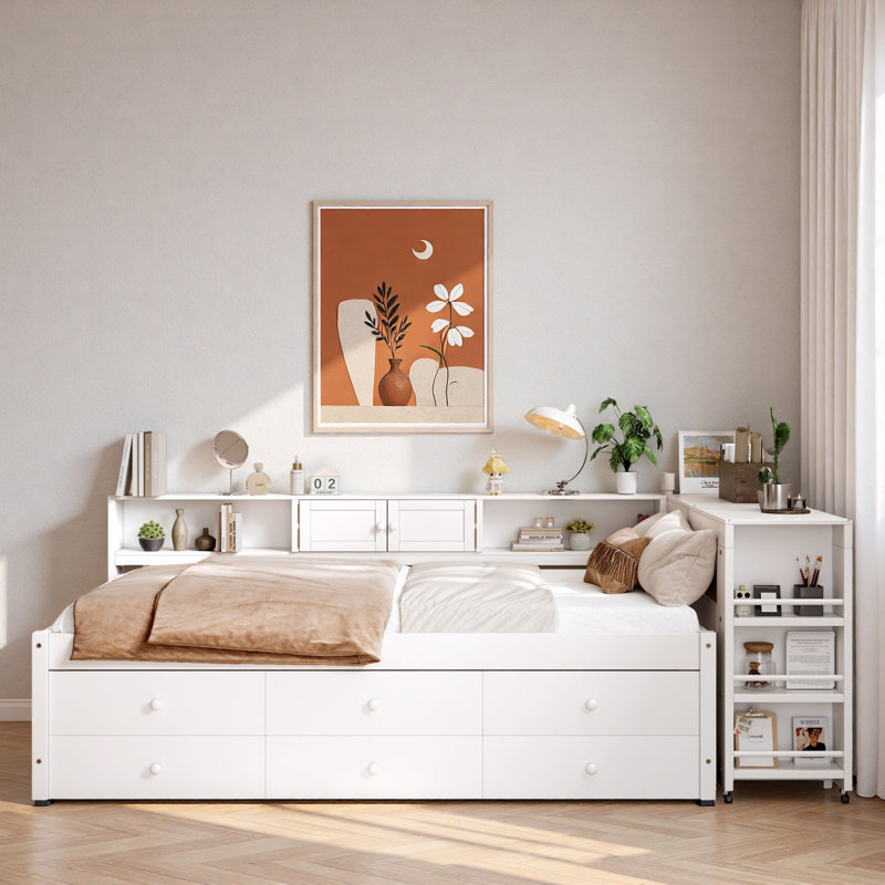 Lit de jour en bois avec tiroirs de rangement, tablettes latérales, bureau et lit gigogne, Lit simple, Blanc