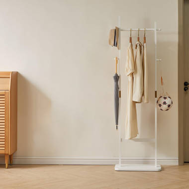 Yamazaki Home Freestanding Coat Hanger Rack with Wooden Hooks, Space Saving  Steel One Size White