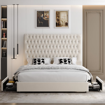 Kanisha Upholstered Storage Bed with Button Tufted Flannel Headboard, 4 Drawers