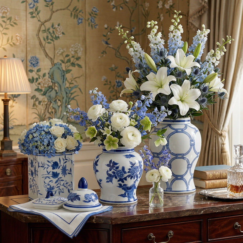 Chinoiserie Ceramic Jar Set of 3 with Lids – Decorative Floral & Geometric Ginger Jar Collection for Tabletop, Shelves & Entryway Styling – Blue & White