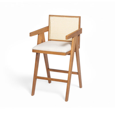 Comfortable Foam-Padded Fabric Seat Bar Stool with Durable Rubberwood Frame and Woven Cane Plastic Backrest for Bar and Kitchen Use