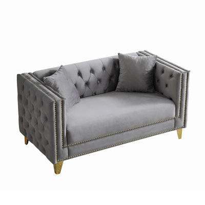 58" Chesterfield Velvet Sofa In Beige, 2-Seater Deep Seat Couch With Button Tufting, Nailhead Trim, And Square Arms For Living Room Or Office by House of Hampton