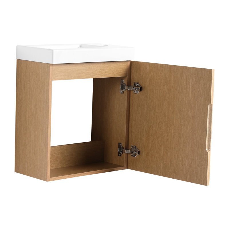 Meuble-lavabo mural de 47 cm (18,5 po) avec lavabo en résine, porte simple à fermeture amortie, bois naturel, bois d'ingénierie pour une structure robuste, élégant motif 3D