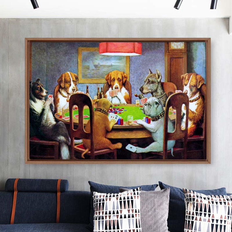 Chiens jouant au poker - Cadre flottant, reproduction d'art sur toile, H 16 po x l 24 po x P 2 po, Brun