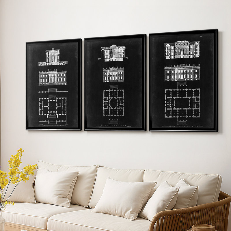 "Graphic Building & Plan IV" - Toile tendue avec châssis sur mesure - 3 pièces, Noir, H 21 po x l 30 po