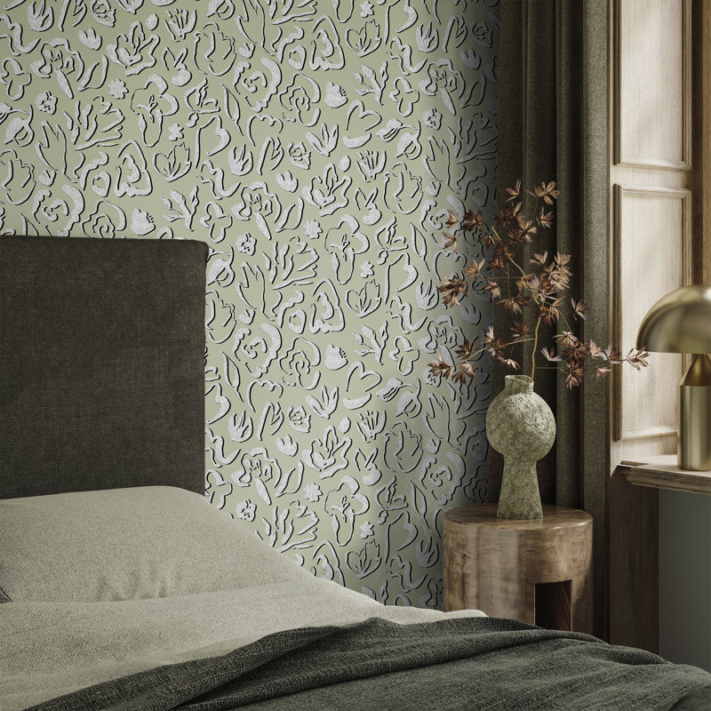 Salt Metallic Fiore Flower Design Wallpaper Roll, Green
