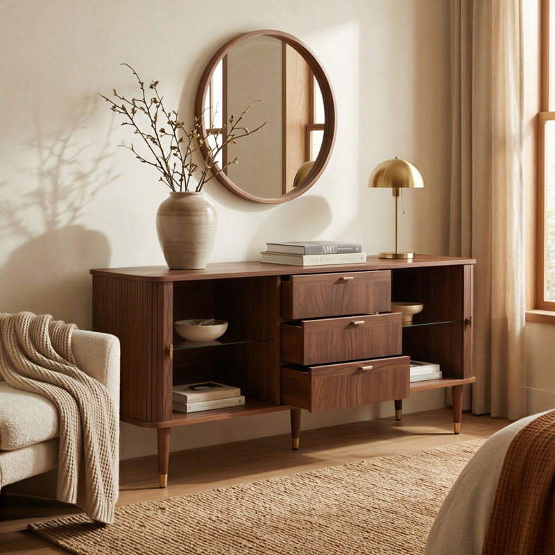 Buffet cannelé en noyer Mandea de 63 pouces, H 29,92 po x l 63 po x P 17,8 po, Noyer