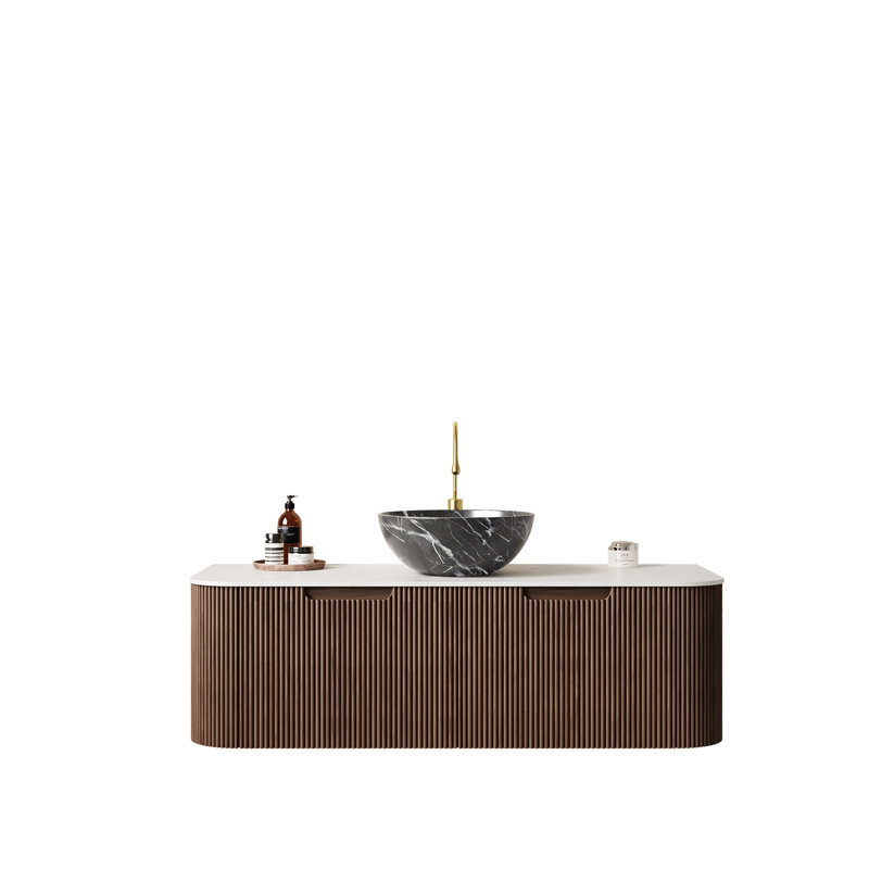 Meuble-lavabo de salle de bain 48 po avec lavabo, meuble-lavabo mural à bords arrondis et courbes avec 2 tiroirs, lavabo bol en céramique noir avec motif de pierre