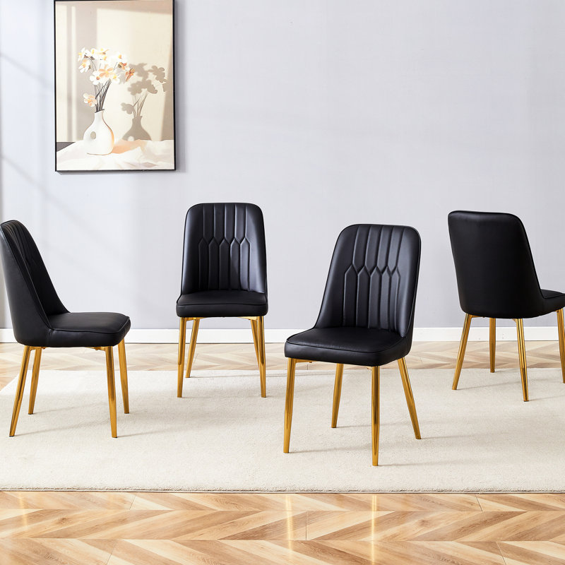 Chaises de salle à manger modernes de 4 personnes, cuir PU noir, structure de pieds en métal doré, coussin de siège épais, confortable pour divers endroits, processus d'assemblage facile 4 pièces, cuir, supports, rembourrage,
