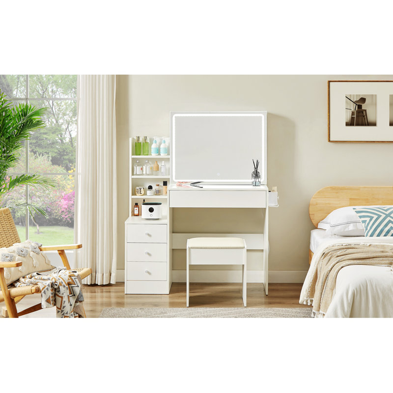 Stylish LED Makeup Vanity With Upholstered Stool, Modern Wood Vanity Table With 4 Drawers, Bedroom Dressing Table With LED-Lit Mirror & Power Outlet & Hairdryer Shelving, 3 Lighting Modes