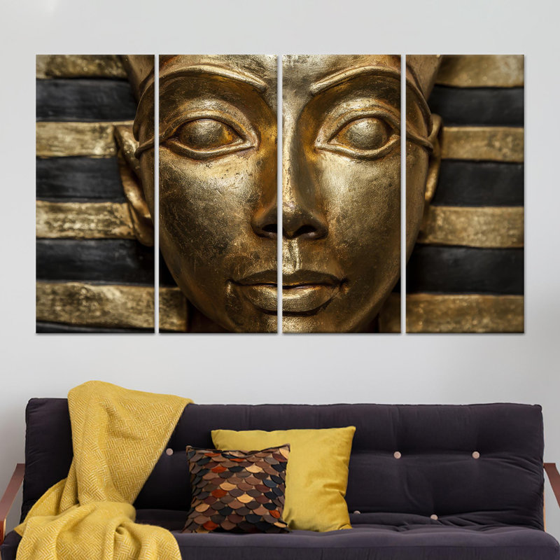 Décoration murale égyptienne Pharaon: toile imprimée dorée, panneau de verre tendance, toile tendue 4P, 43,3 po H x 63 po l
