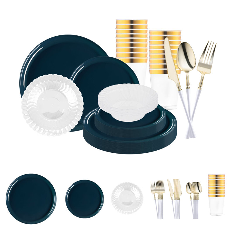 Ensemble de 60 couverts jetables en plastique plat et rond, couleur marine