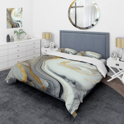 Ensemble de housse de couette transitionnelle moderne en marbre blanc et doré - polyester microfibre