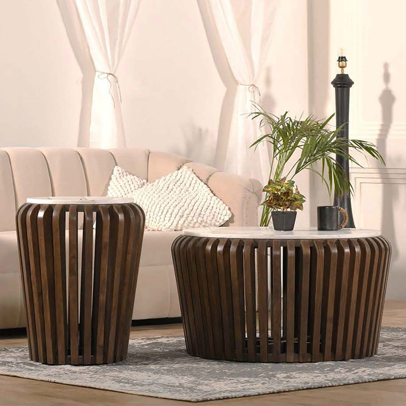 Table de bout moderne en bois massif avec plateau en marbre