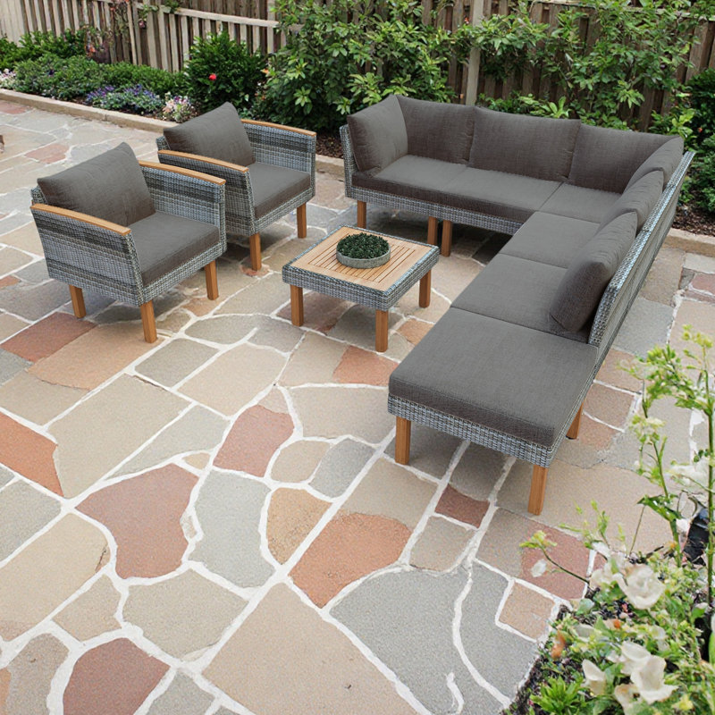 Ensemble de meubles de patio en rotin 9 pièces, ensemble de conversation extérieur avec pieds et plateau en bois d'acacia, ensemble de canapé modulaire en rotin PE avec table basse, coussin lavable