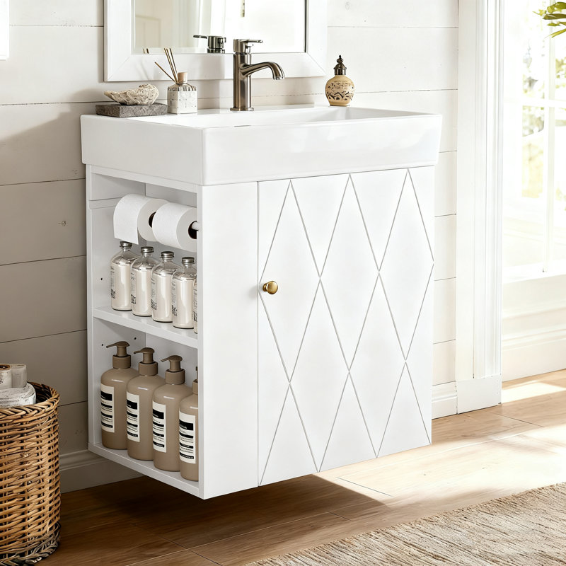 Meuble-lavabo flottant moderne de 20 po avec lavabo en céramique pour petits espaces, armoire de rangement moderne avec barre à serviettes