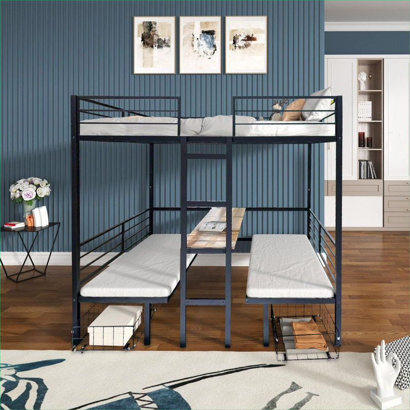 Transformable Full Size Loft Bunk Bed, Black-Toned Solid Steel with Built-in Table Set for Bedroom