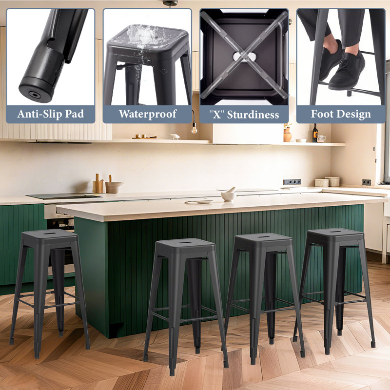 30 Inch Black Metal Bar Stools,Count High Bar Stools,Set of 4, Bar Stool (30” Seat Height), Black
