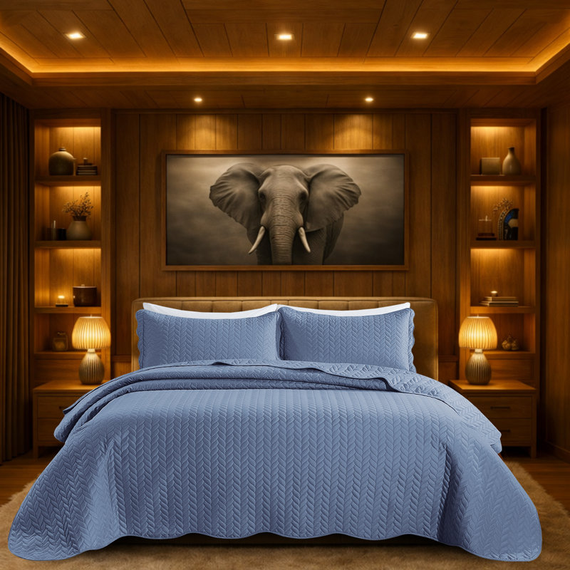 Microfiber Embossed Oversized Bedspread Set With Shams – Modern & Contemporary, Machine Washable, Dust-Resistant, Washed Blue