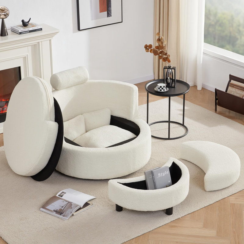 Round Oversized Swivel Barrel Chair with Half Moon Ottoman and Double Storage, Beige
