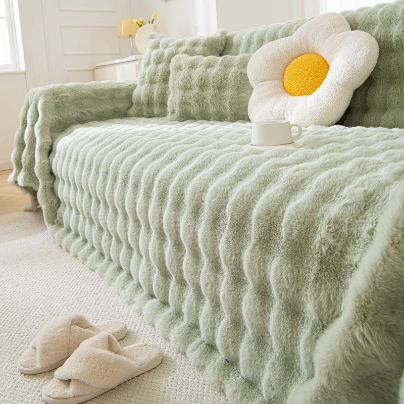 1-Piece Faux Fur Box Cushion Slipcover, 71" H x 118" W, Green