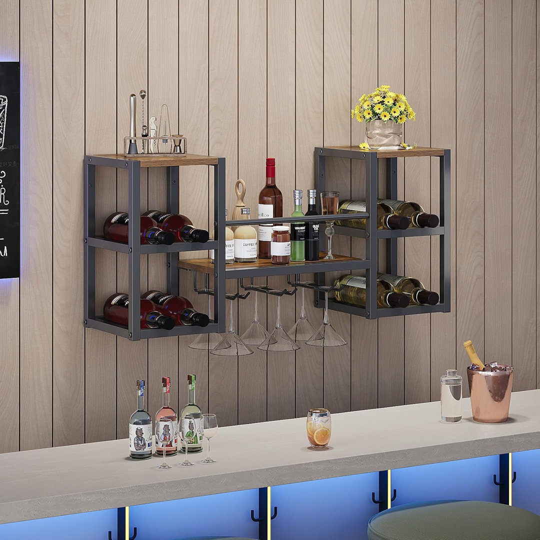 Industrial Wall Mounted Wine Rack With 3 Steam Glass Holder,Black And Brown