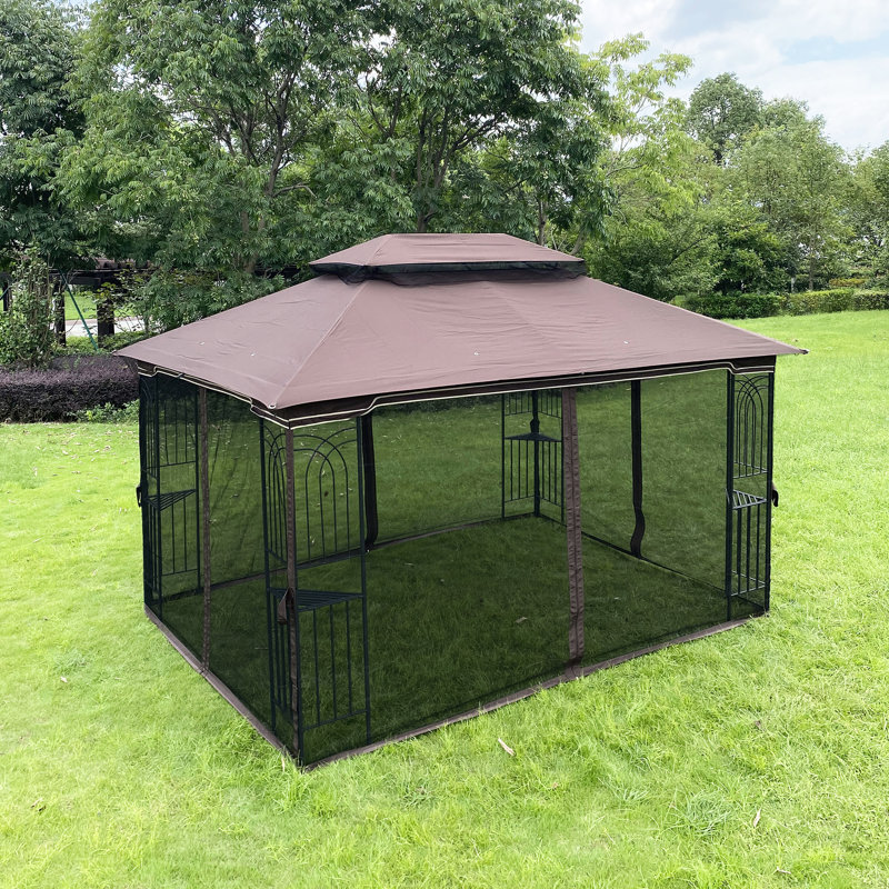 Gazebo 13x10 avec toile imperméable et structure en fer robuste - Toit pare-soleil brun amovible
