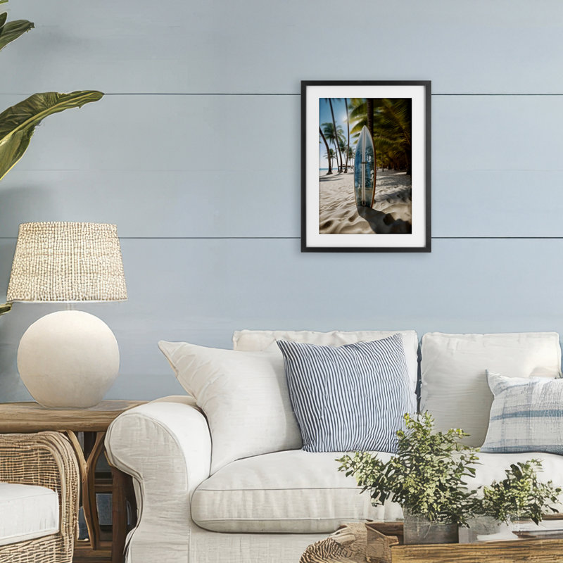 «Blue Surfboard Coastal Blur», impression encadrée sous verre, design par LSR Design Studio, H 20 po x l 14 po, Noir
