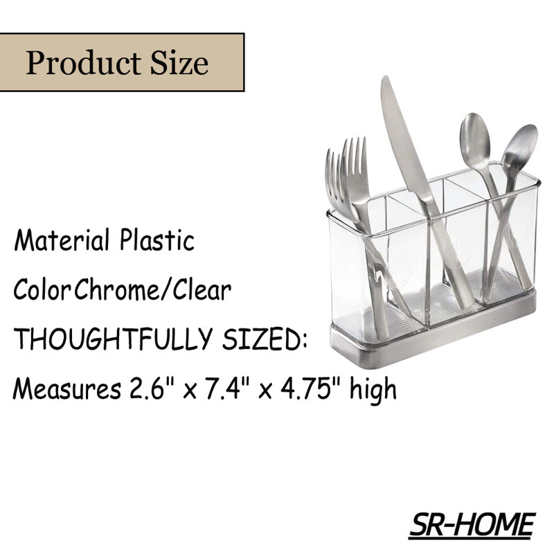 Clear Plastic and Stainless Steel Utensil Holder with 3 Compartments