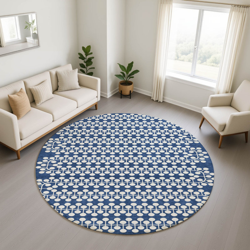 Premium Machine Washable Mayfield AMF2247 Geometric Rug, Navy, 8' Round