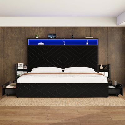 Upholstered Queen Platform Bed With LED Lighting, USB Charging Ports & Side Drawers