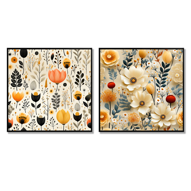 Centerville - Ensemble de 2 décorations murales florales, Cadre noir, H 30 po x l 61 po x P 1 po